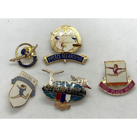Lot 5 Gold Tone Gymnastics Pin Brooch Regionals Beam‎ 1st Place All-Around 2002 - Picture 1 of 16